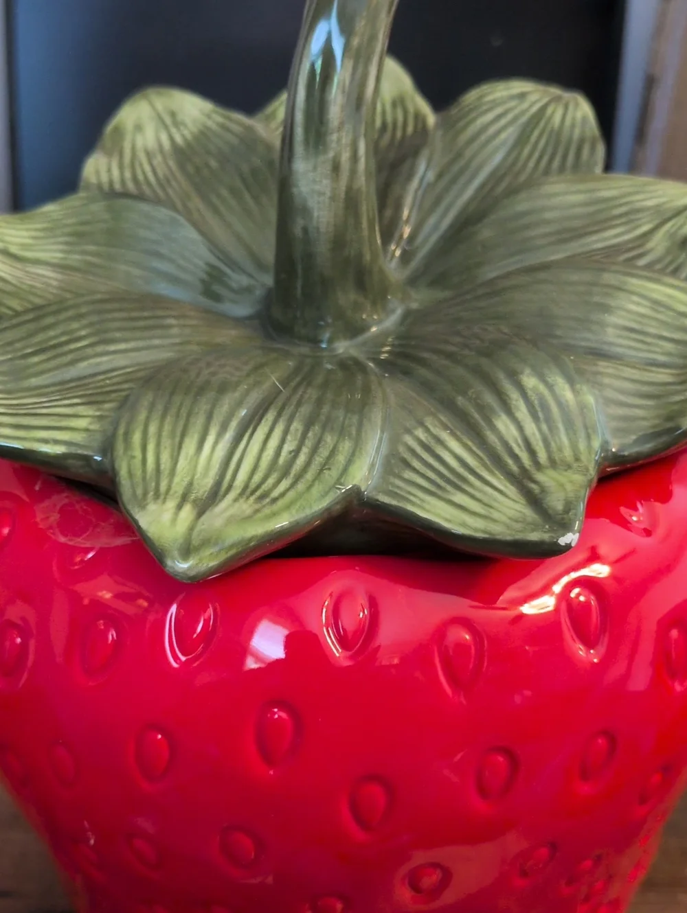 Red Strawberry Ceramic Cookie Jar with Green Lid Beautiful New